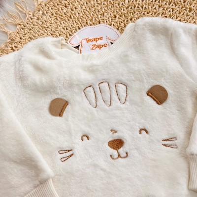 Conj. Casaco de Pelinho Bebê Tigre e Calça de Moletom - Off White